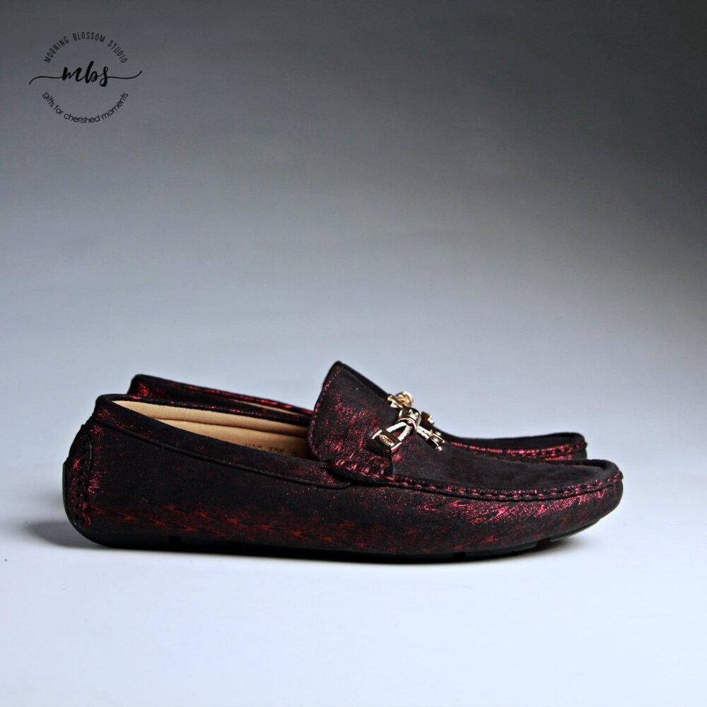 NWT Royal‎ Shoes Metallic Loafers with Golden Decor Burgundy Men 8